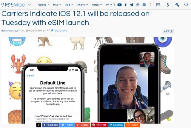 iOS 12.1正式版发布时间确定：eSIM卡功能开启、美颜功能被关闭