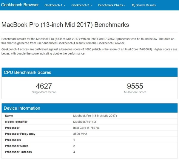MacBook Pro 2017版Geekbench跑分