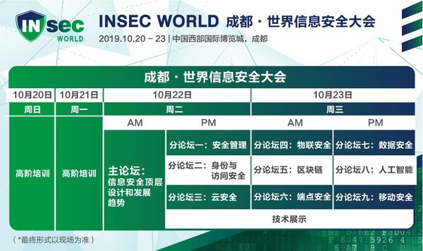 首届世界信息安全大会 INSEC WORLD，将包含高阶培训、主论坛、分论坛、技术展示等多个交流形式。