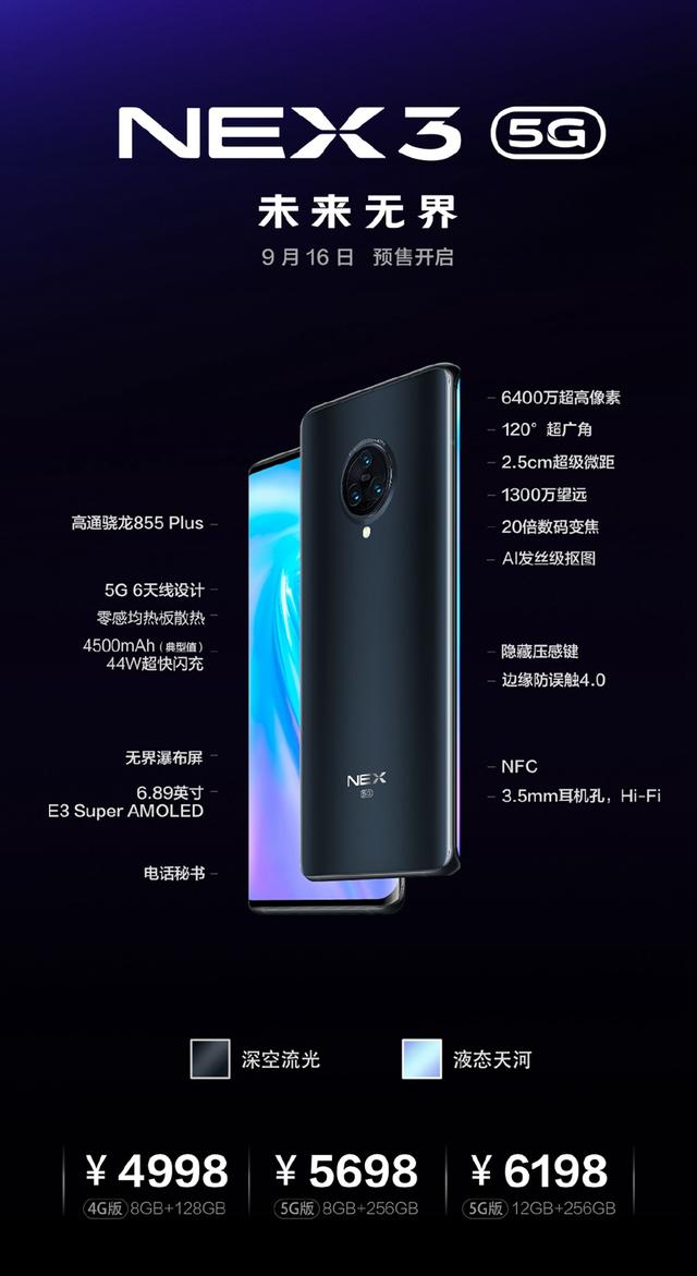 vivo NEX 3 5G手机正式发布：99.6%超高屏占比、6天线设计，售价5698元起