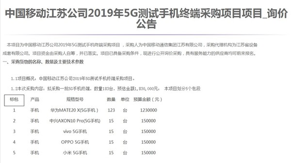 江苏移动5G测试采购公告